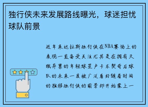 独行侠未来发展路线曝光,球迷担忧球队前景
